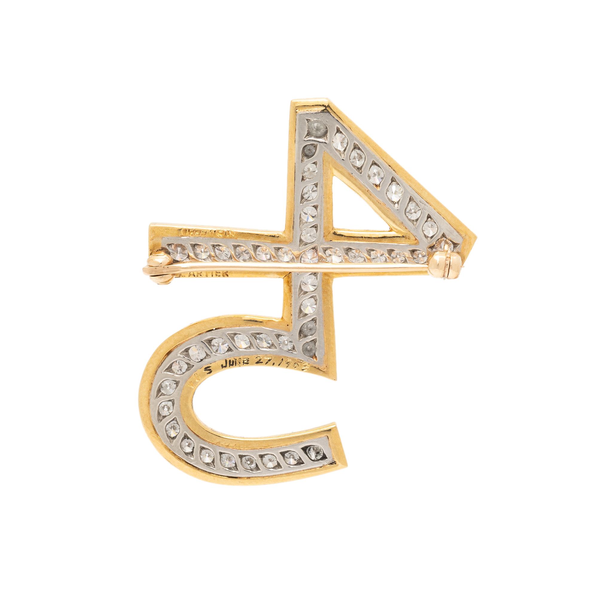 CARTIER, DIAMOND, YELLOW GOLD, AND PLATINUM CUSTOM '45' BROOCH