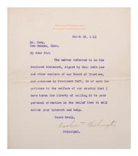 WASHINGTON, Booker T. (1856-1915). Typed letter signed ("Booker T. Washington"), to Dr. Camp. Tuskegee, Alabama, 26 March 1912.