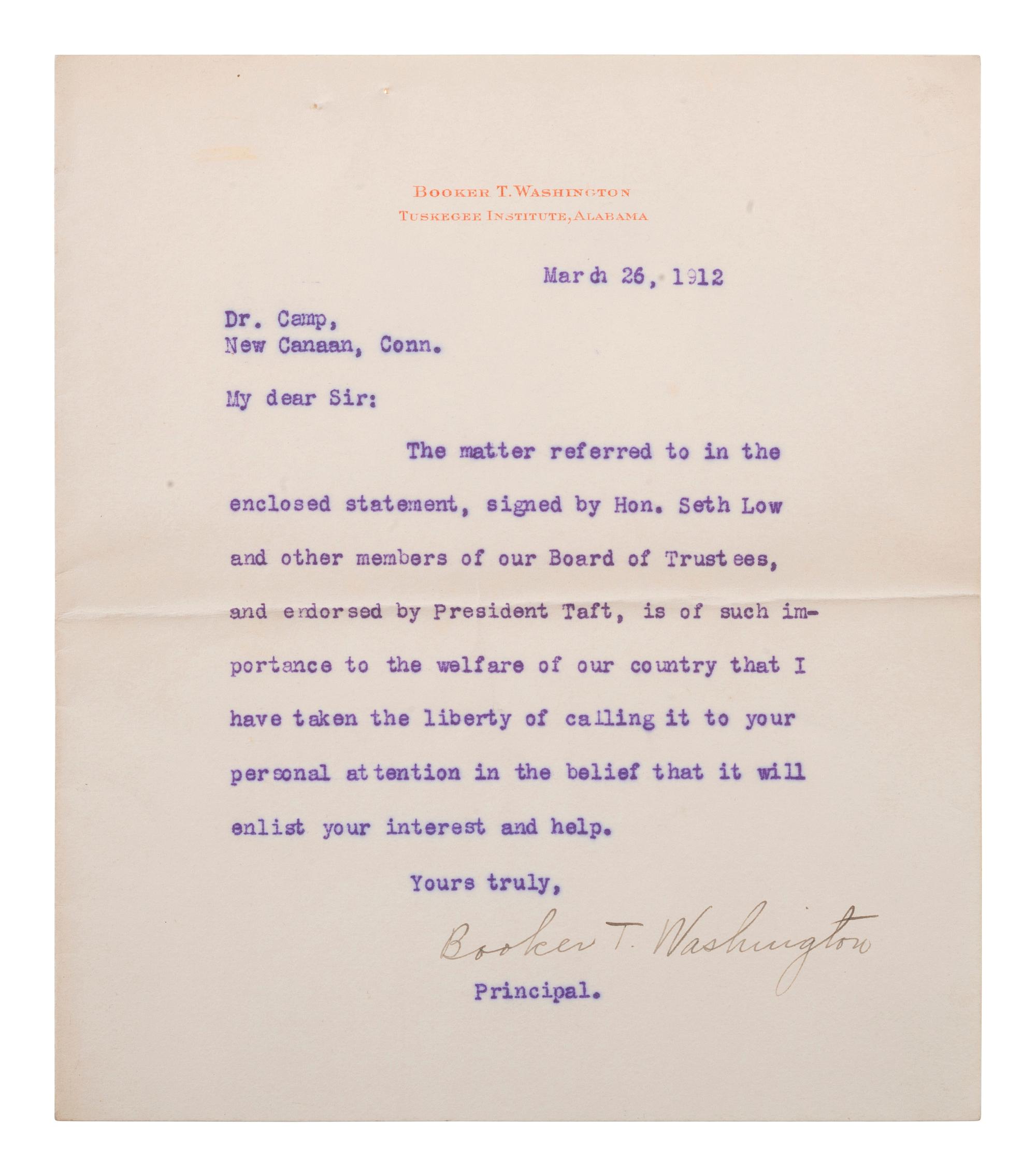 WASHINGTON, Booker T. (1856-1915). Typed letter signed ("Booker T. Washington"), to Dr. Camp. Tuskegee, Alabama, 26 March 1912.