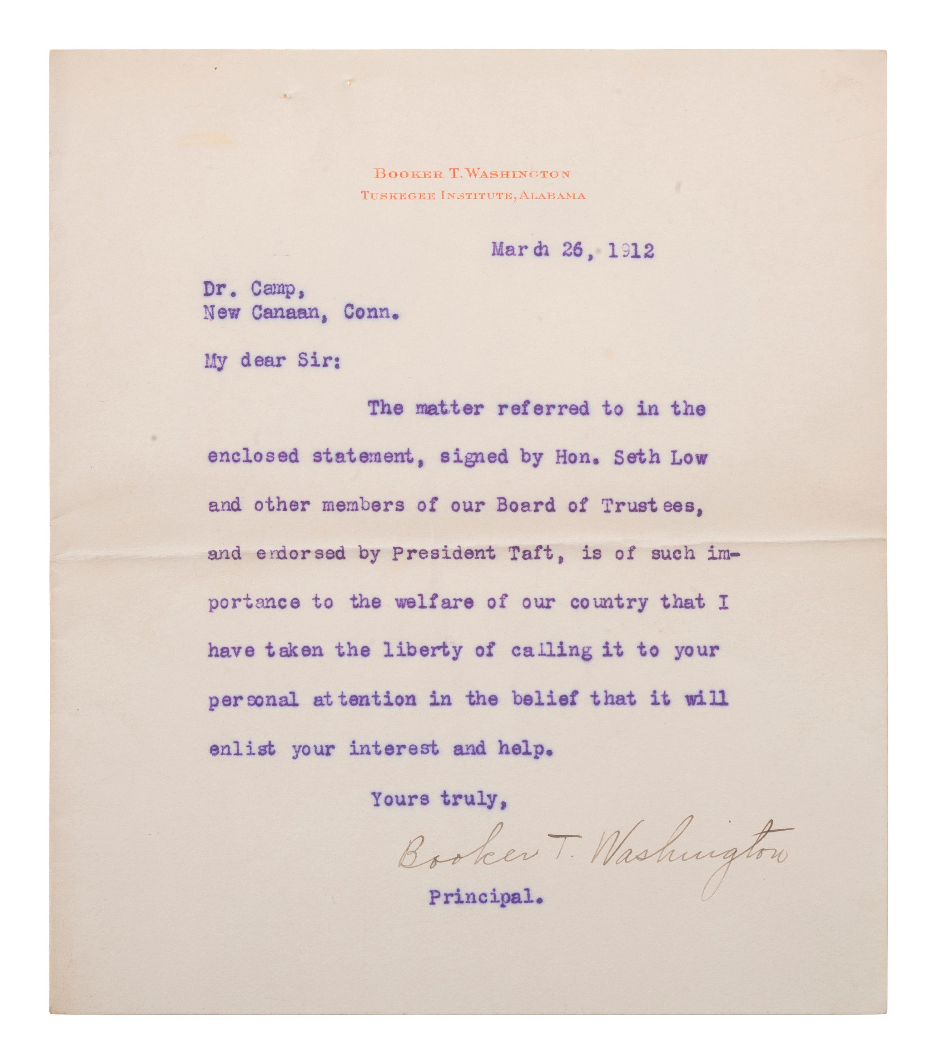 WASHINGTON, Booker T. (1856-1915). Typed letter signed ("Booker T. Washington"), to Dr. Camp. Tuskegee, Alabama, 26 March 1912.