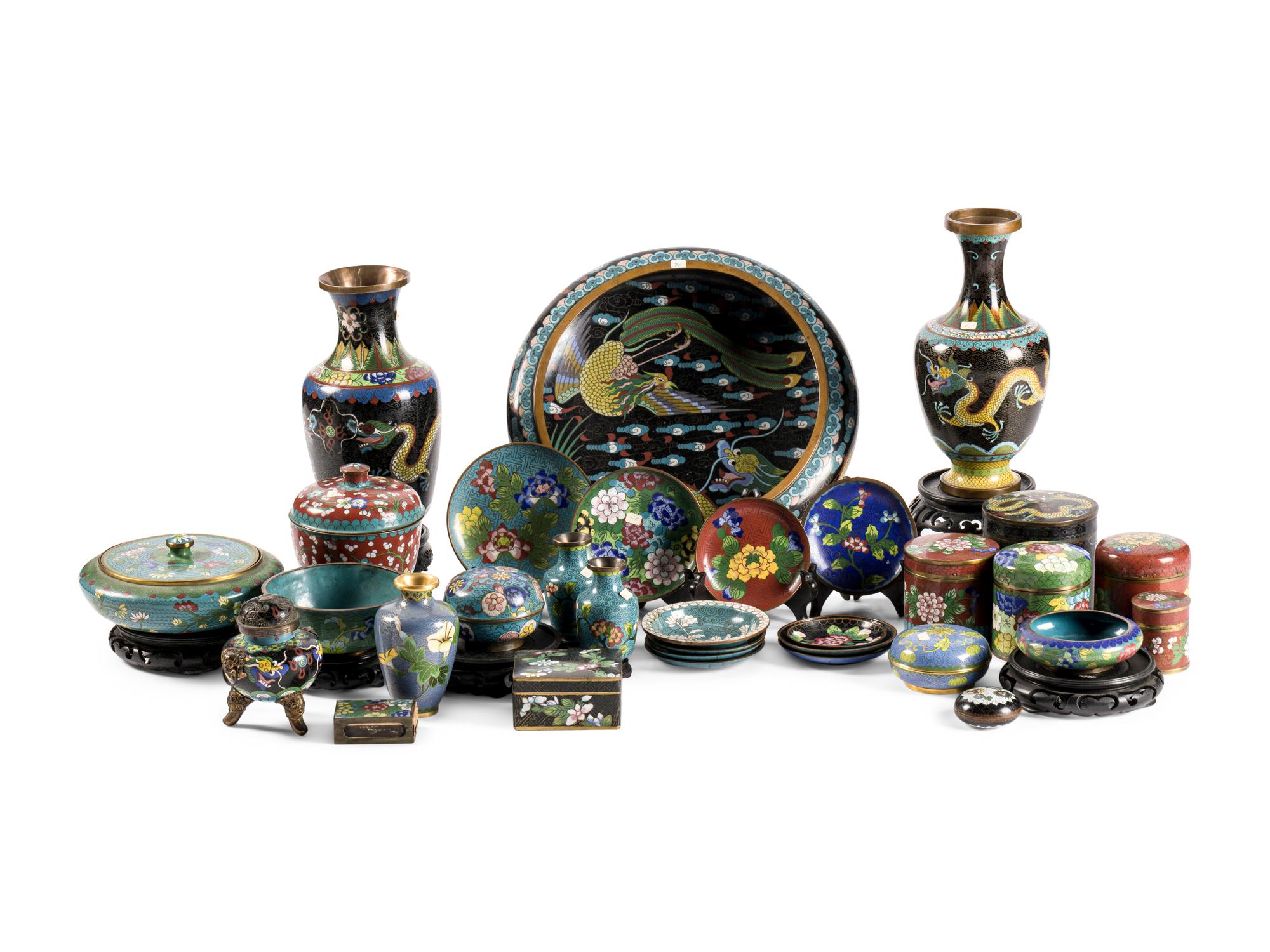 A Large Group of 32 Chinese and Japanese Cloisonné Wares