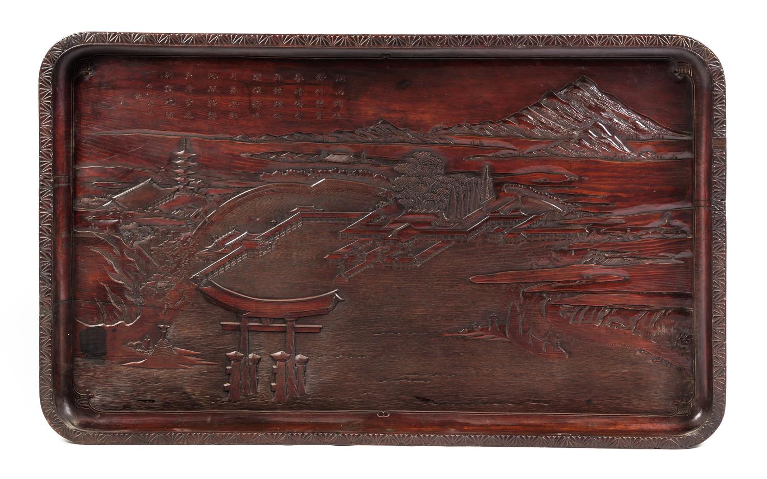 A Japanese Carved Cypress Wood Panel Height 32 3/4 x width 53 inches. — MEIJI PERIOD (1868-1912)