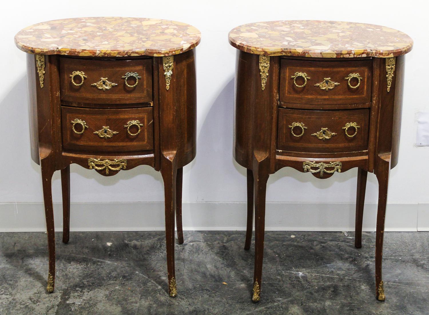 A Pair of Louis XVI Style Gilt Metal Mounted Walnut Side Cabinets Height 29 3/4 x width 21 1/4 x depth 13 1/4 inches.