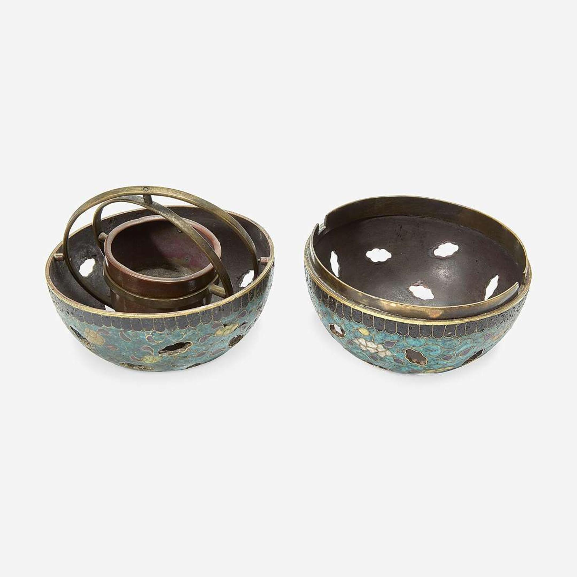 An unusual cloisonné gimbal-mechanism spherical incense burner 19th Century or earlier
