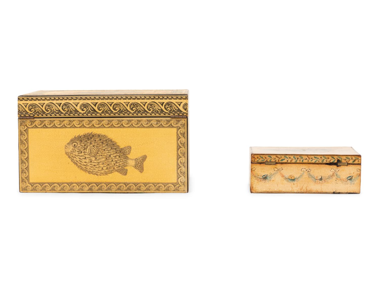 A Large Decoupaged Locking Document Box and a Painted Collaged Writing Box