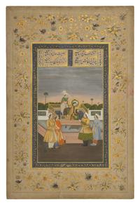 A Fine Mughal School Folio Painting of Emperor Jahangir with Four Courtiers, India, Lucknow, Uttar Pradesh or Delhi, First Half of 20th Century
