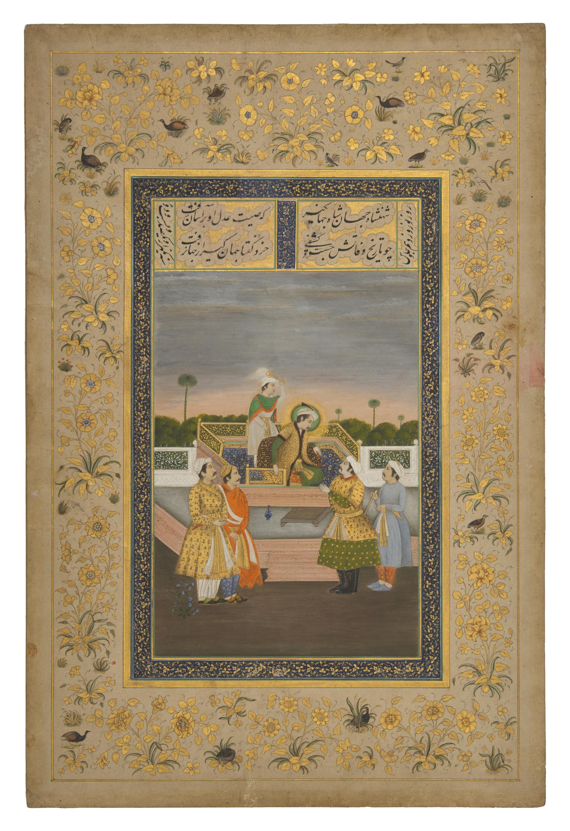 A Fine Mughal School Folio Painting of Emperor Jahangir with Four Courtiers, India, Lucknow, Uttar Pradesh or Delhi, First Half of 20th Century