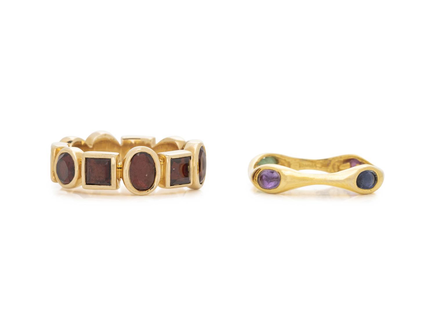 PAIR OF YELLOW GOLD AND GEMSTONE BANDS