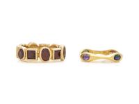 PAIR OF YELLOW GOLD AND GEMSTONE BANDS