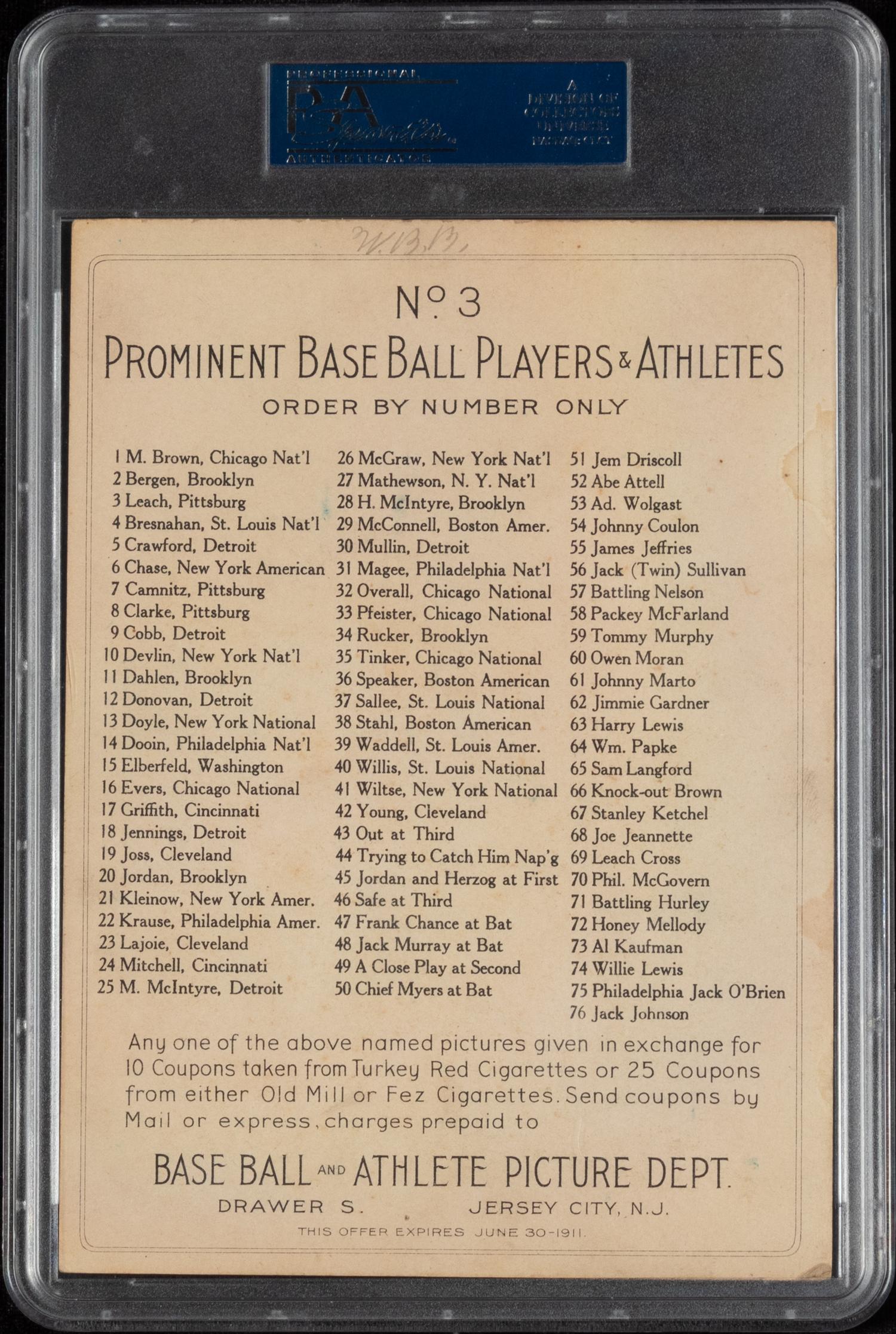 A 1911 T3 Turkey Red Cabinets Tommy Leach Baseball Card (PSA 4MK VG-EX) Checklist Back