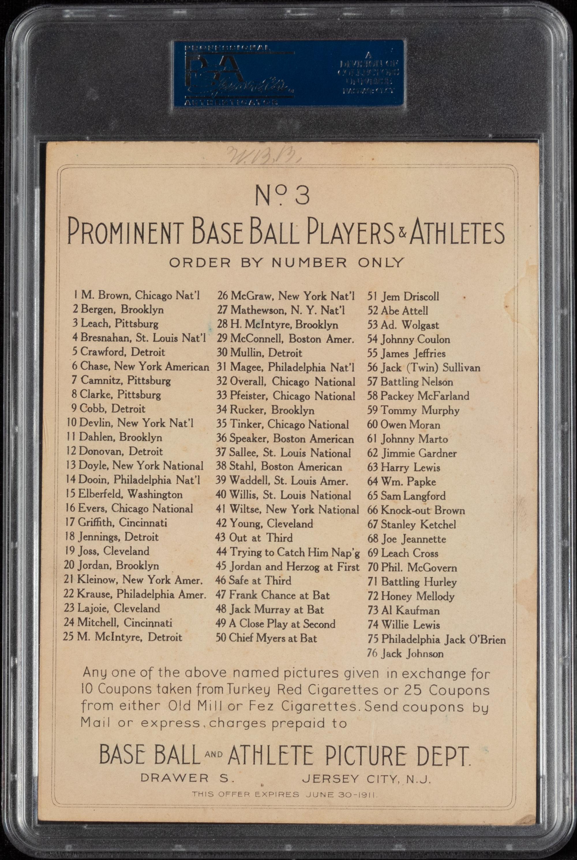 A 1911 T3 Turkey Red Cabinets Tommy Leach Baseball Card (PSA 4MK VG-EX) Checklist Back