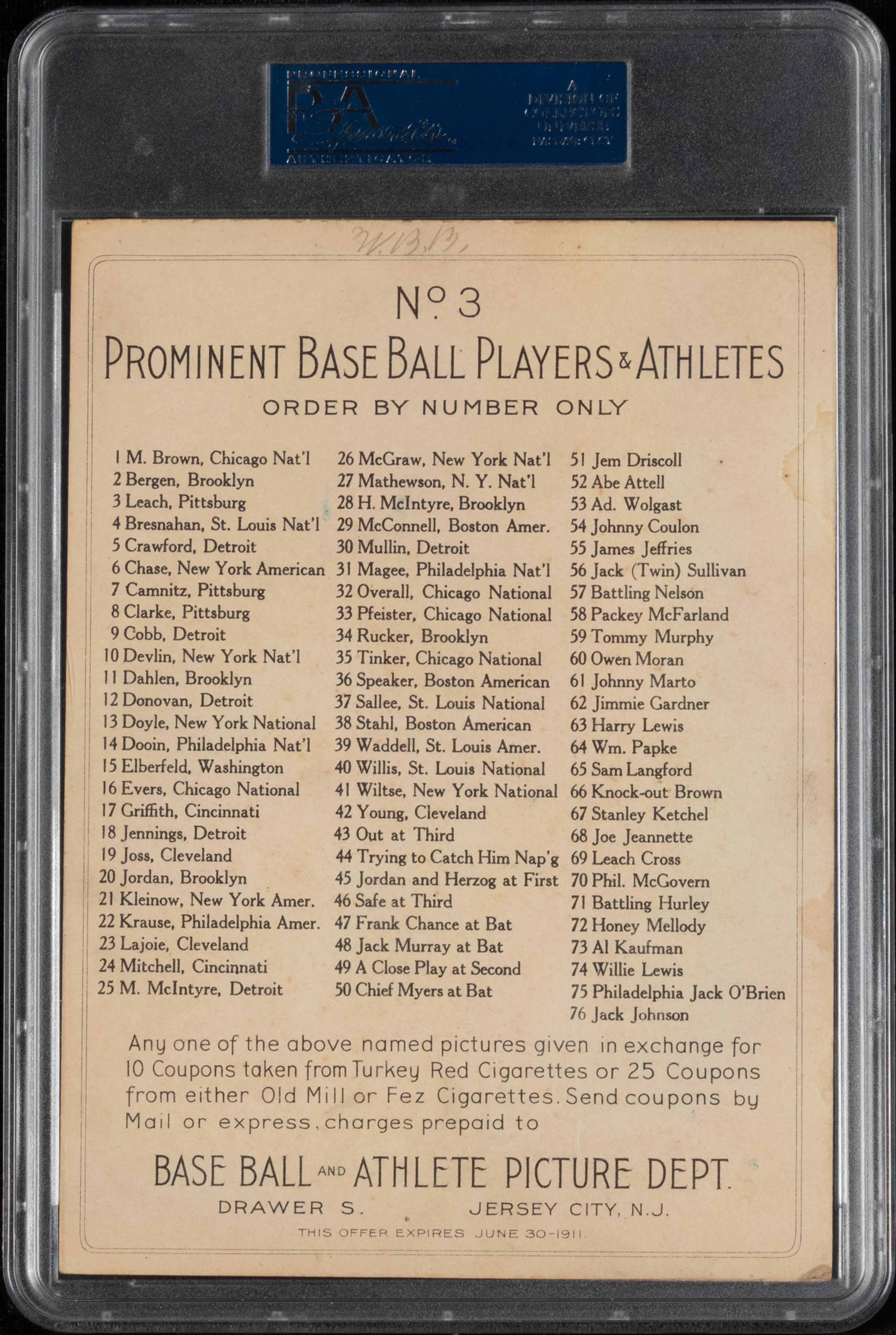 A 1911 T3 Turkey Red Cabinets Tommy Leach Baseball Card (PSA 4MK VG-EX) Checklist Back