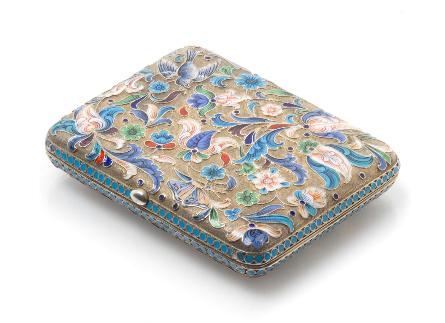 A Russian Enameled Silver Cigarette Case, Mark of D.P. Nikitin, Moscow, late 19th century, the lid and underside decorated with enamele