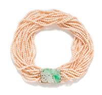 An 18 Karat Yellow Gold, Jade and Coral Multistrand Necklace, 189.30 dwts.