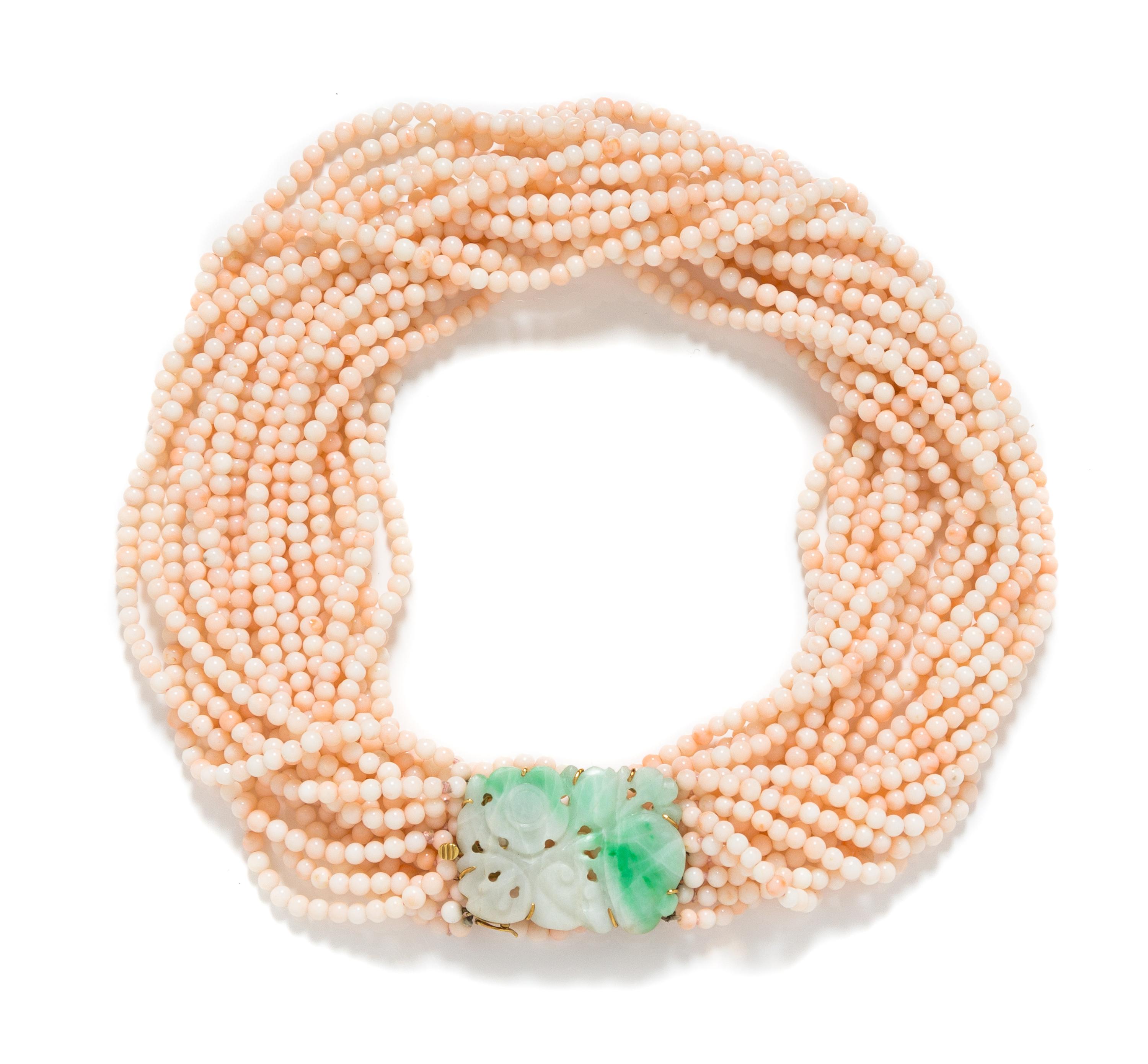 An 18 Karat Yellow Gold, Jade and Coral Multistrand Necklace, 189.30 dwts.