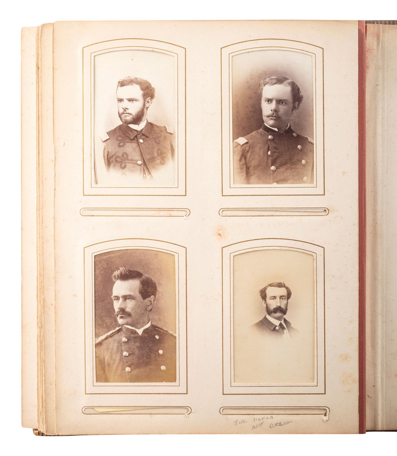 [LATE INDIAN WARS]. Photo album identified to Oskaloosa M. Smith, 22nd US Infantry, containing CDVs and cabinet cards of civilians and officers, some identified, incl. images by S.J. Morrow.