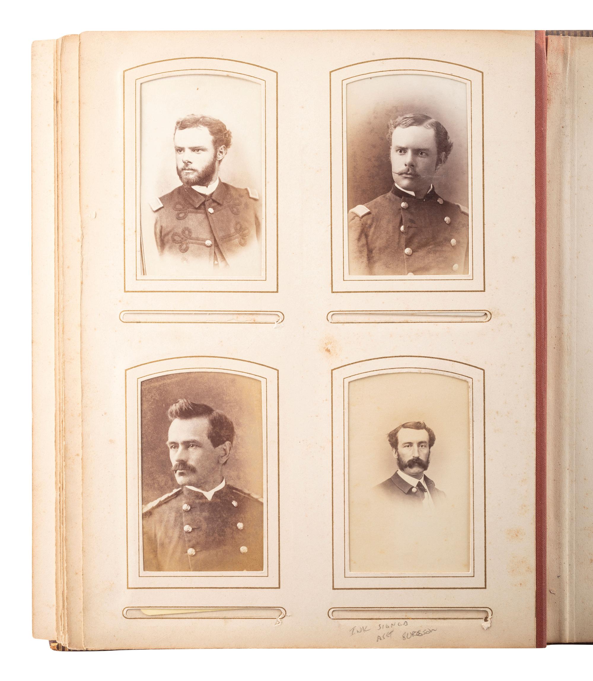 [LATE INDIAN WARS]. Photo album identified to Oskaloosa M. Smith, 22nd US Infantry, containing CDVs and cabinet cards of civilians and officers, some identified, incl. images by S.J. Morrow.
