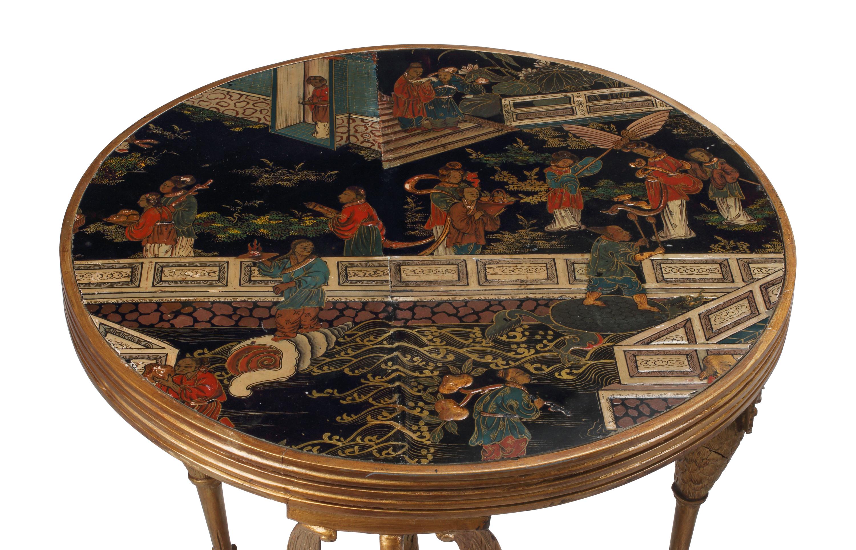 A Pair of Directoire Style Giltwood and Chinese Lacquer Tables
