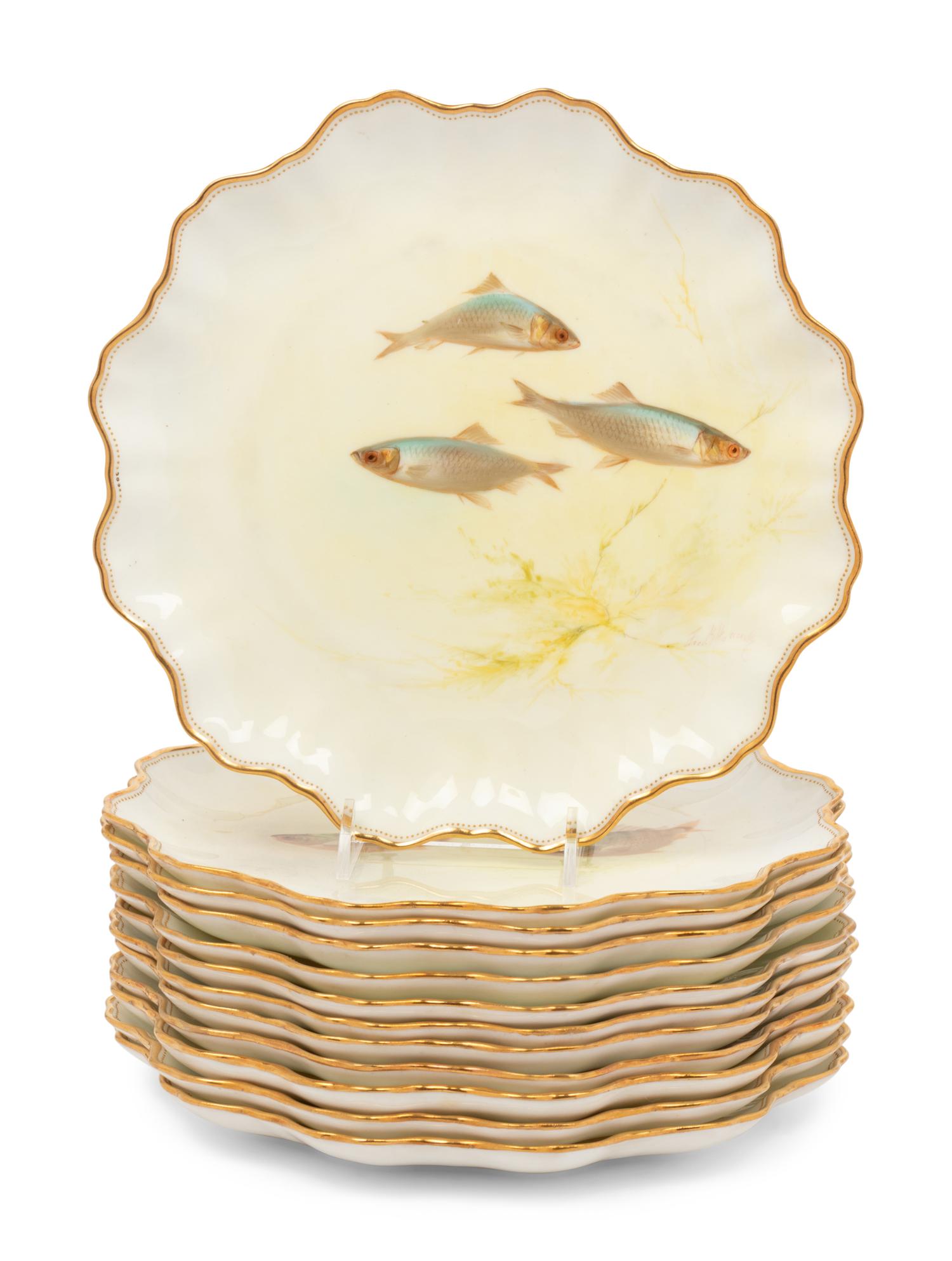 A Set of Twelve Royal Doulton Hand-Painted Porcelain Fish Plates