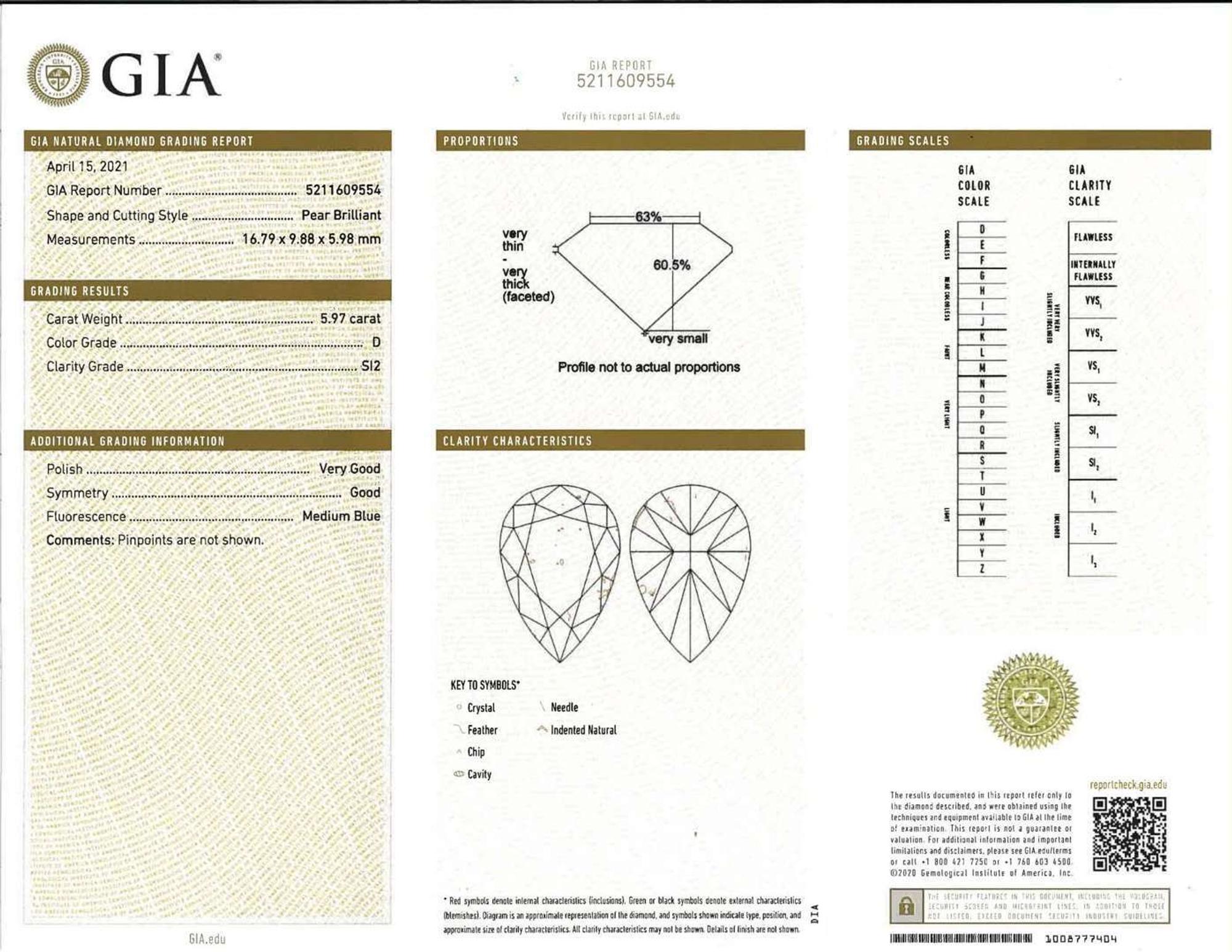 Three-Stone Diamond and Platinum Ring 5.97 Carat Pear-Shape Diamond, GIA Certified
