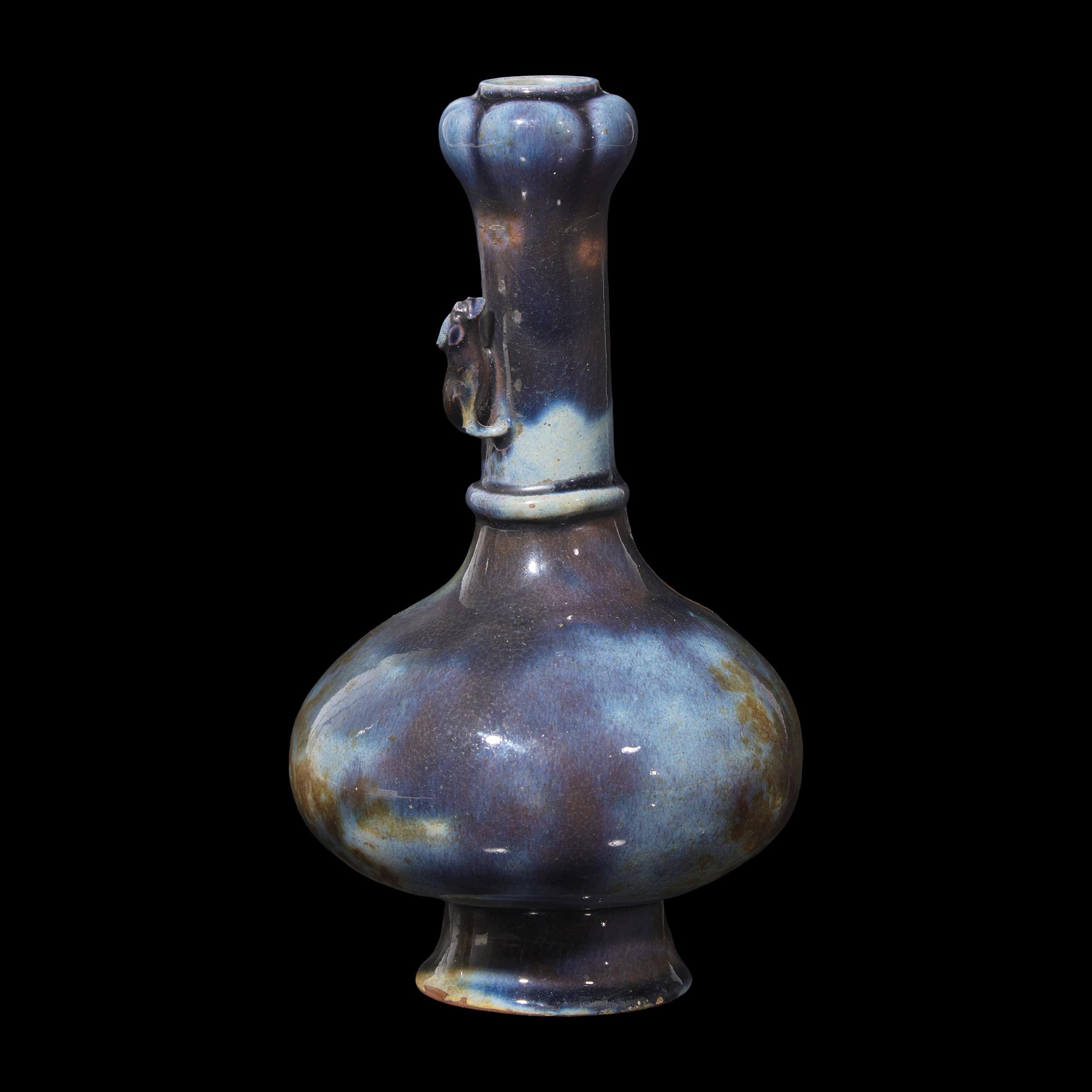An Unusual Chinese Mottled Blue Glazed Archaistic Garlic Mouth Vase, Mid 18th Century or Later 清中期或以後 盤龍蒜頭瓶