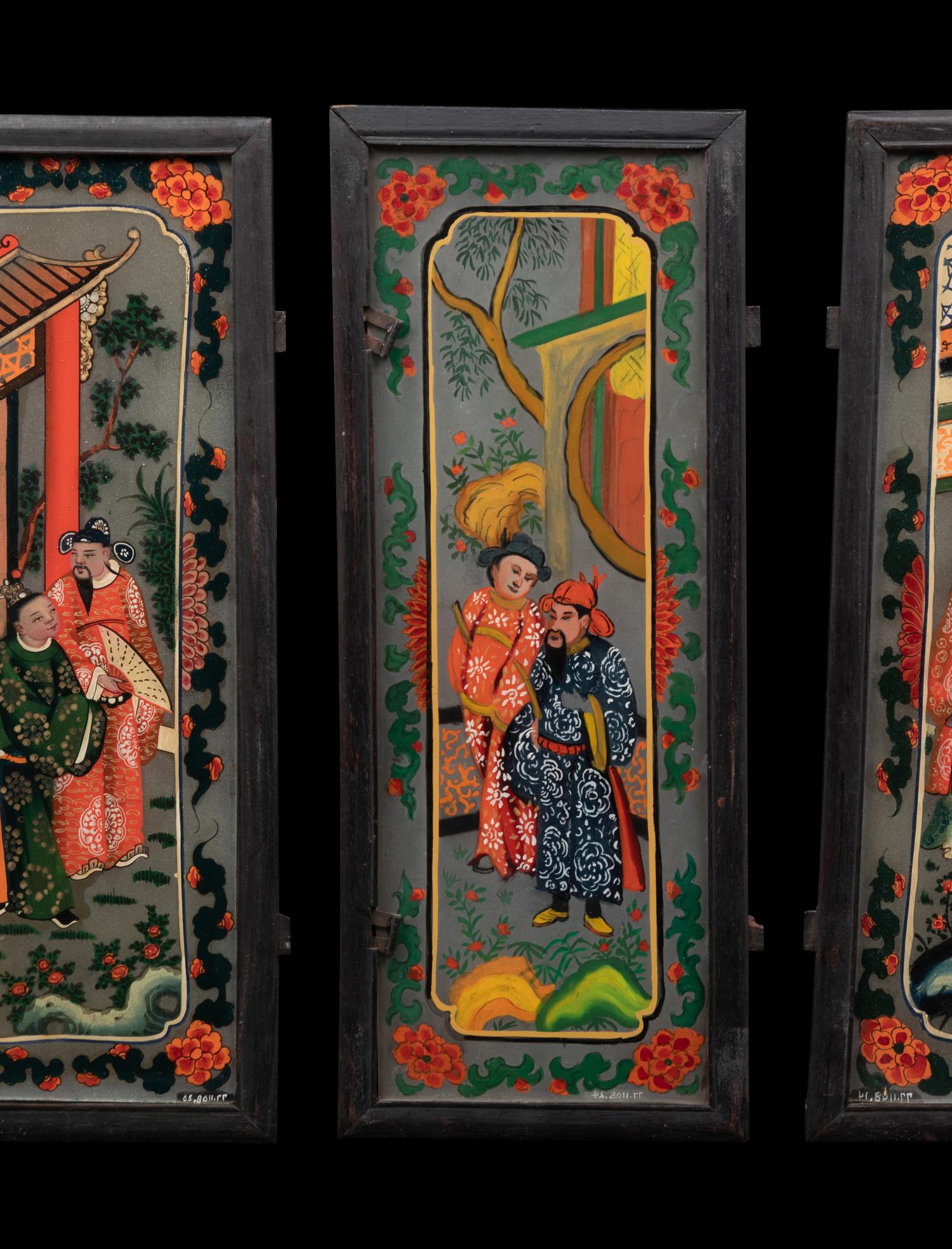 Three Chinese Painted on Glass and Wood Lanterns