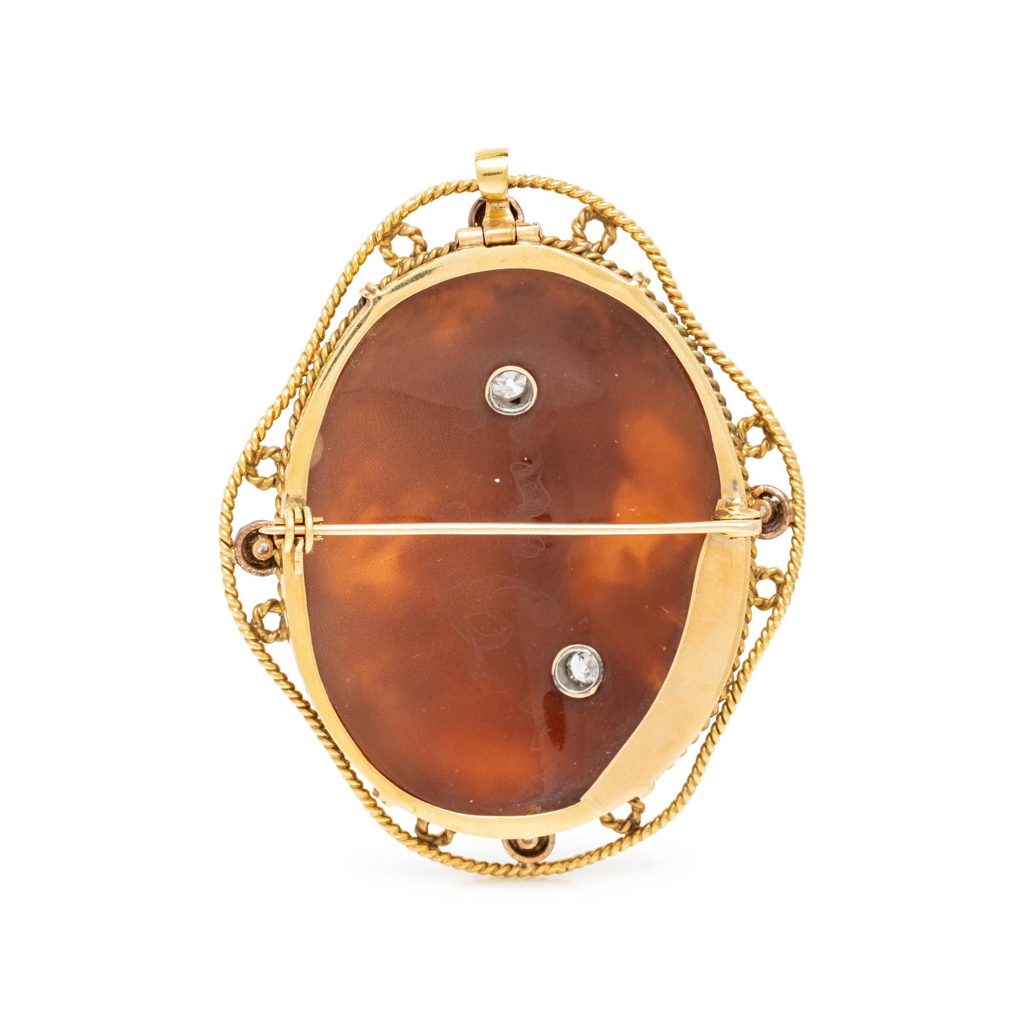 YELLOW GOLD, DIAMOND, AND CARNELIAN CAMEO BROOCH