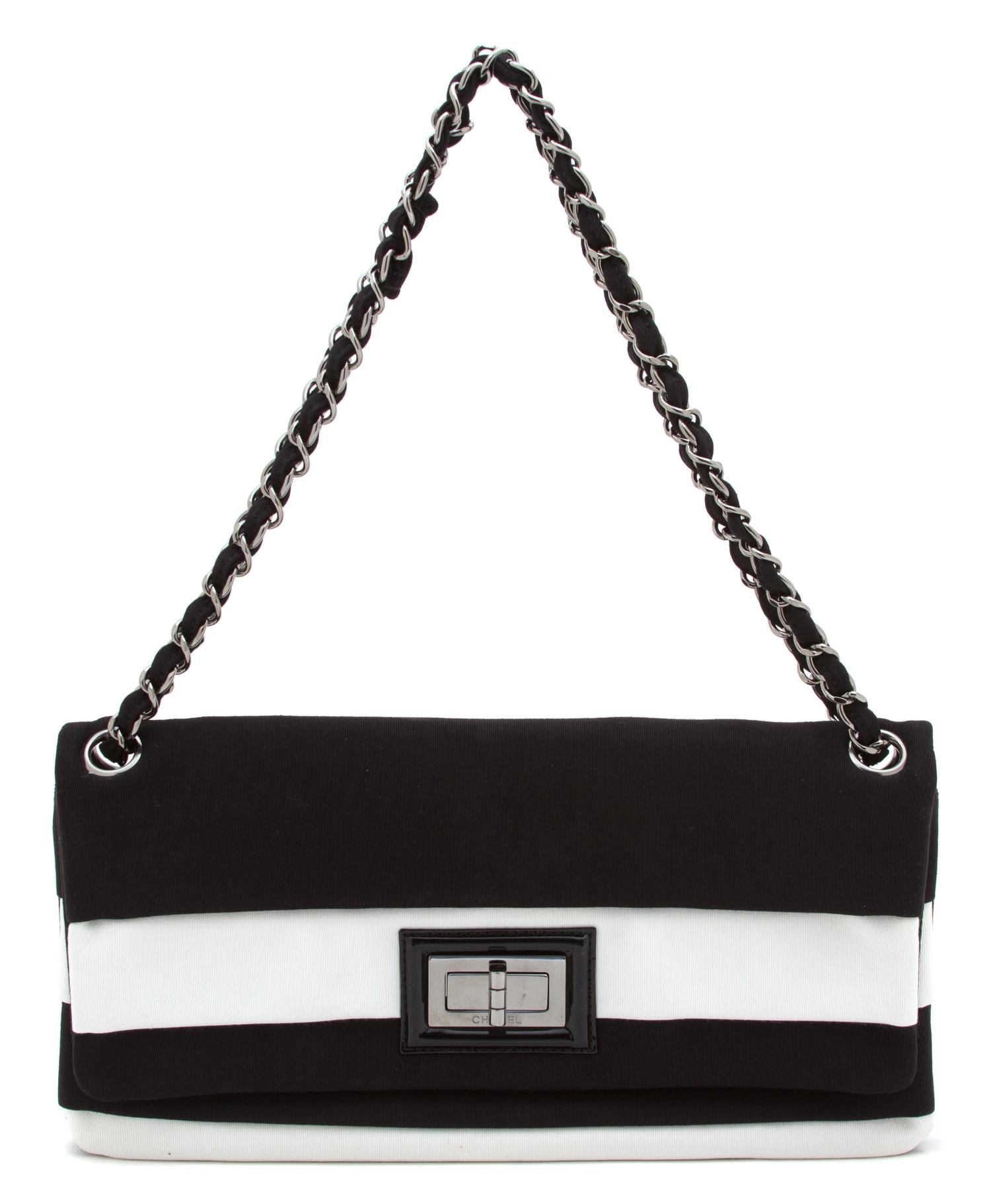 A Chanel Black and White Striped Grosgrain Classic Flap Bag, 11.5" x 6" x 1".