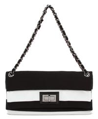 A Chanel Black and White Striped Grosgrain Classic Flap Bag, 11.5" x 6" x 1".