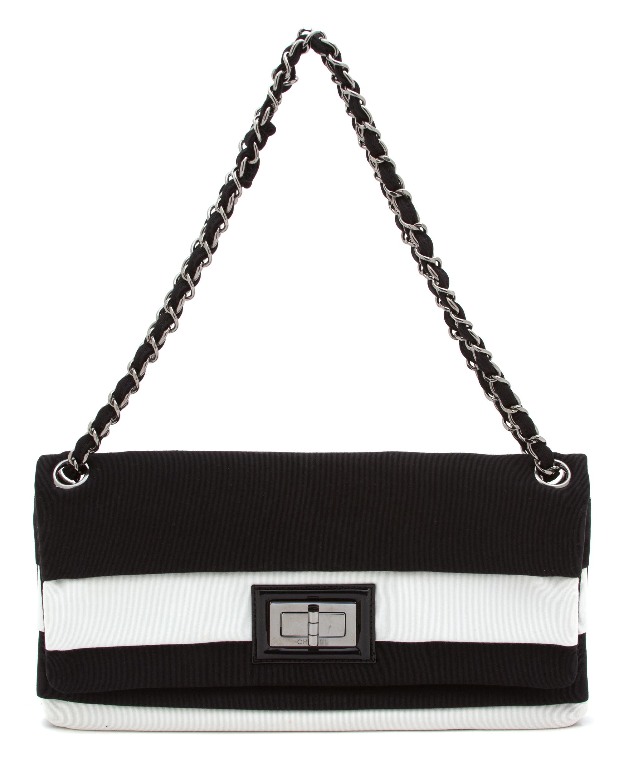 A Chanel Black and White Striped Grosgrain Classic Flap Bag, 11.5" x 6" x 1".