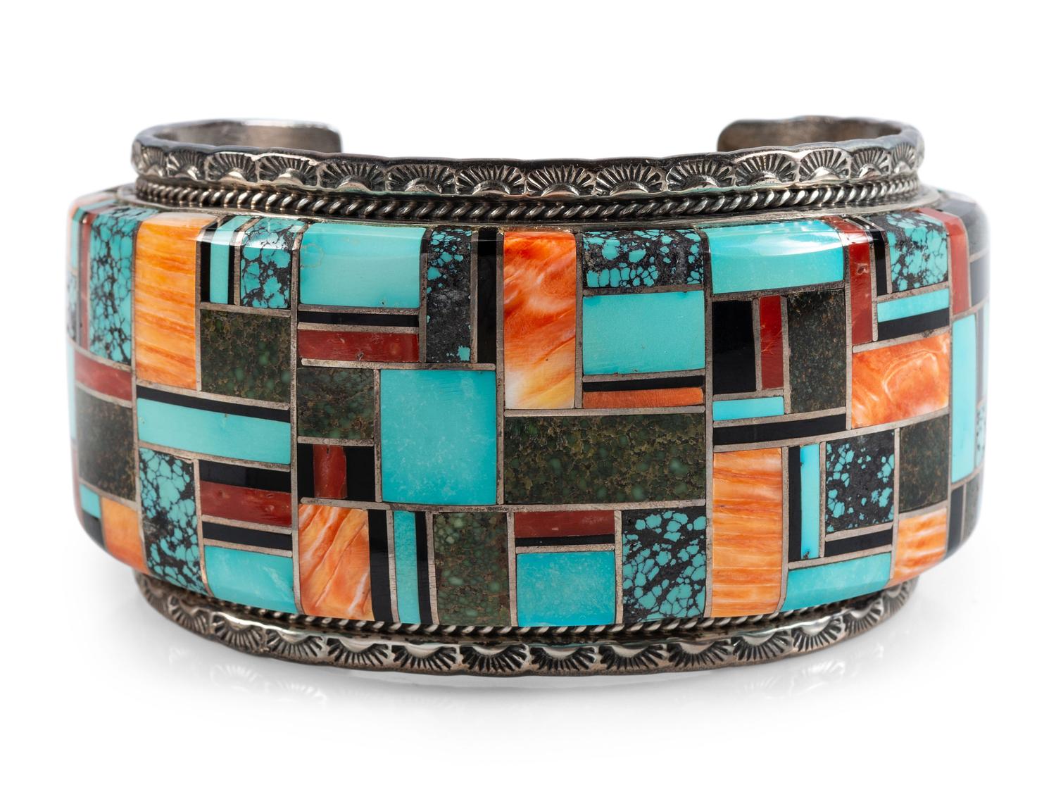 Large Navajo Men's Sterling Silver Cuff Bracelet, with Mosaic Inlay