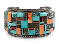 Large Navajo Men's Sterling Silver Cuff Bracelet, with Mosaic Inlay