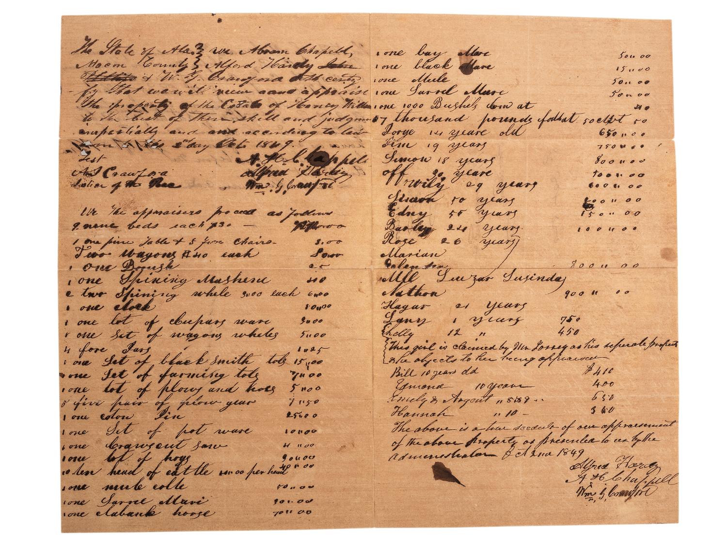 [SLAVERY & ABOLITION]. Manuscript plantation appraisal document listing 21 enslaved individuals. Macon County, AL, 2 October 1849.