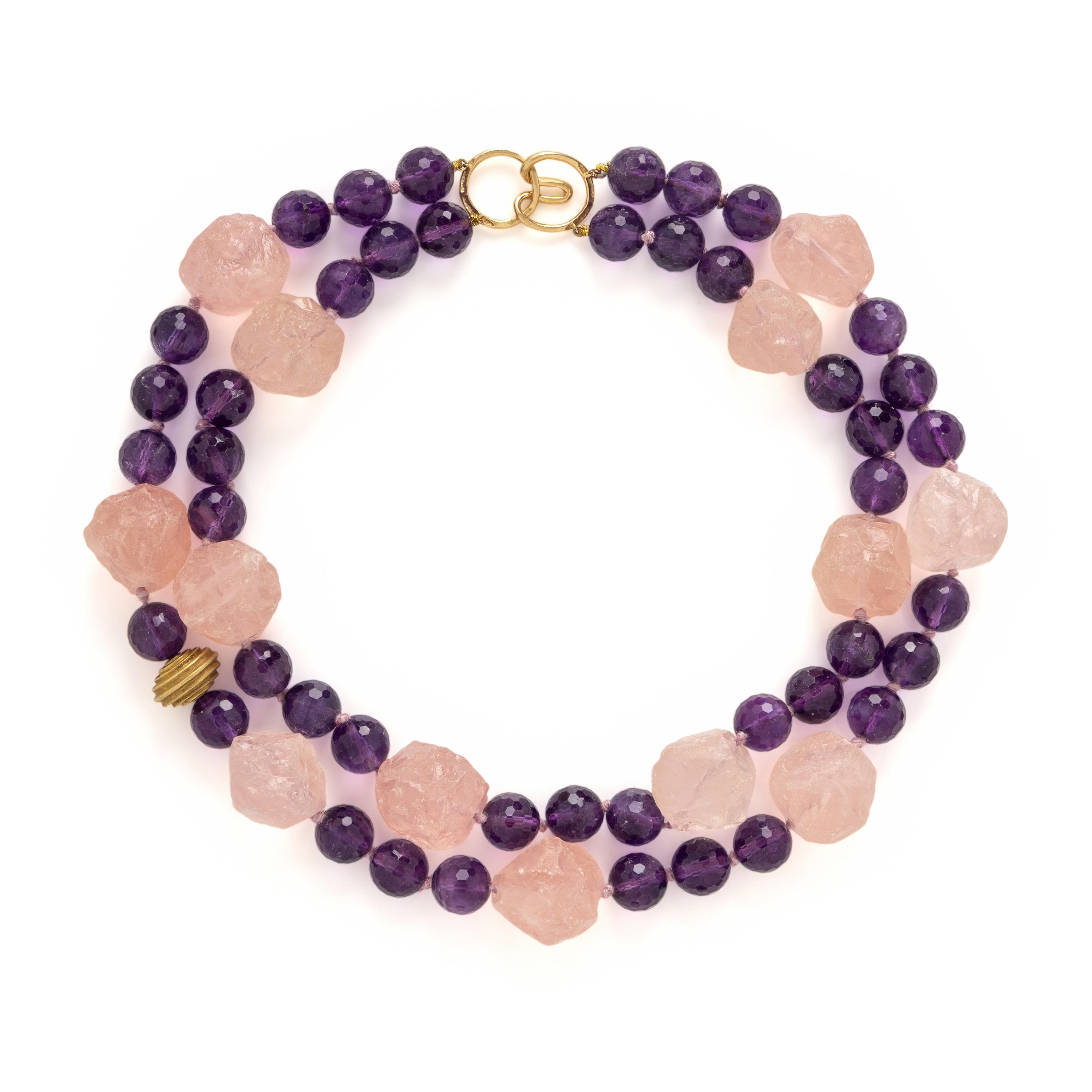 Amethyst, Rose Quartz, and Yellow Gold Beaded Necklace