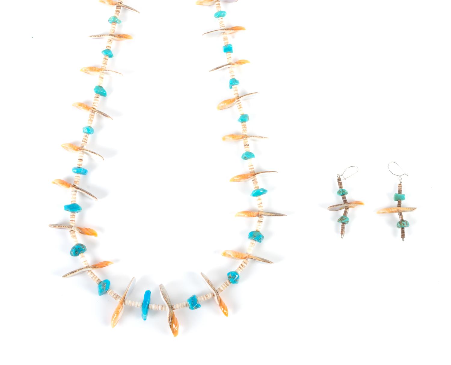 Southwestern Carved Shell, Turquoise and Heishi Bead Necklace and Earrings