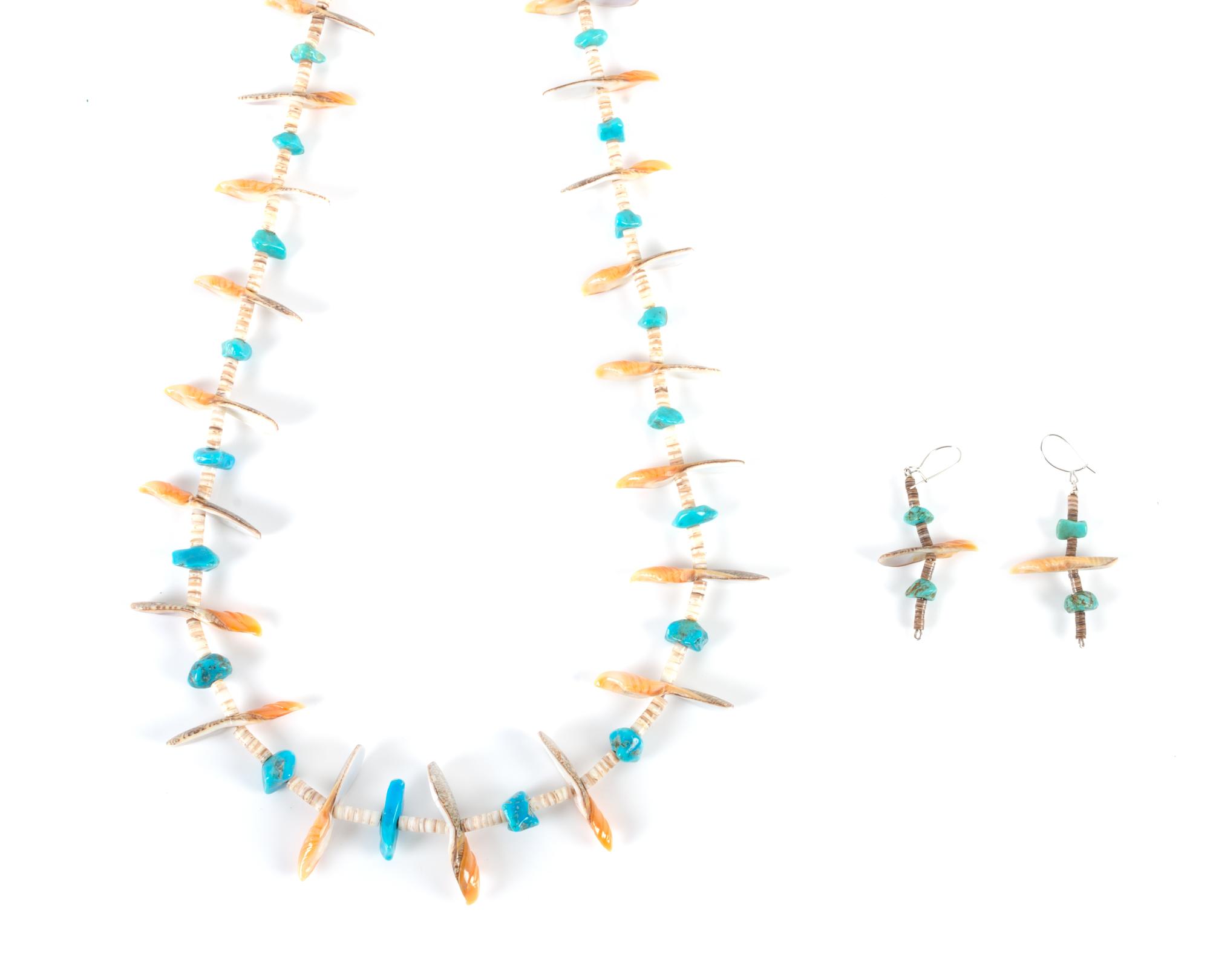 Southwestern Carved Shell, Turquoise and Heishi Bead Necklace and Earrings