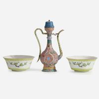 A Chinese enameled copper ewer and a pair of enameled porcelain bowls Qing dynasty