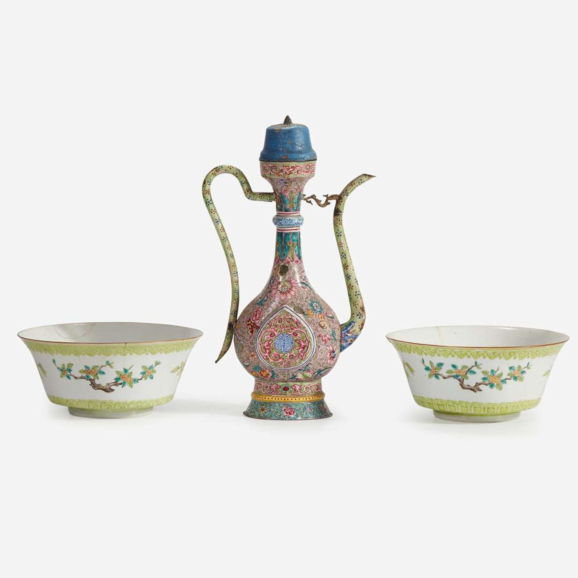 A Chinese enameled copper ewer and a pair of enameled porcelain bowls Qing dynasty