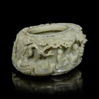 A Large Chinese Carved Celadon Jade Brush Washer, Xi — 青玉雕松下高士圖洗
