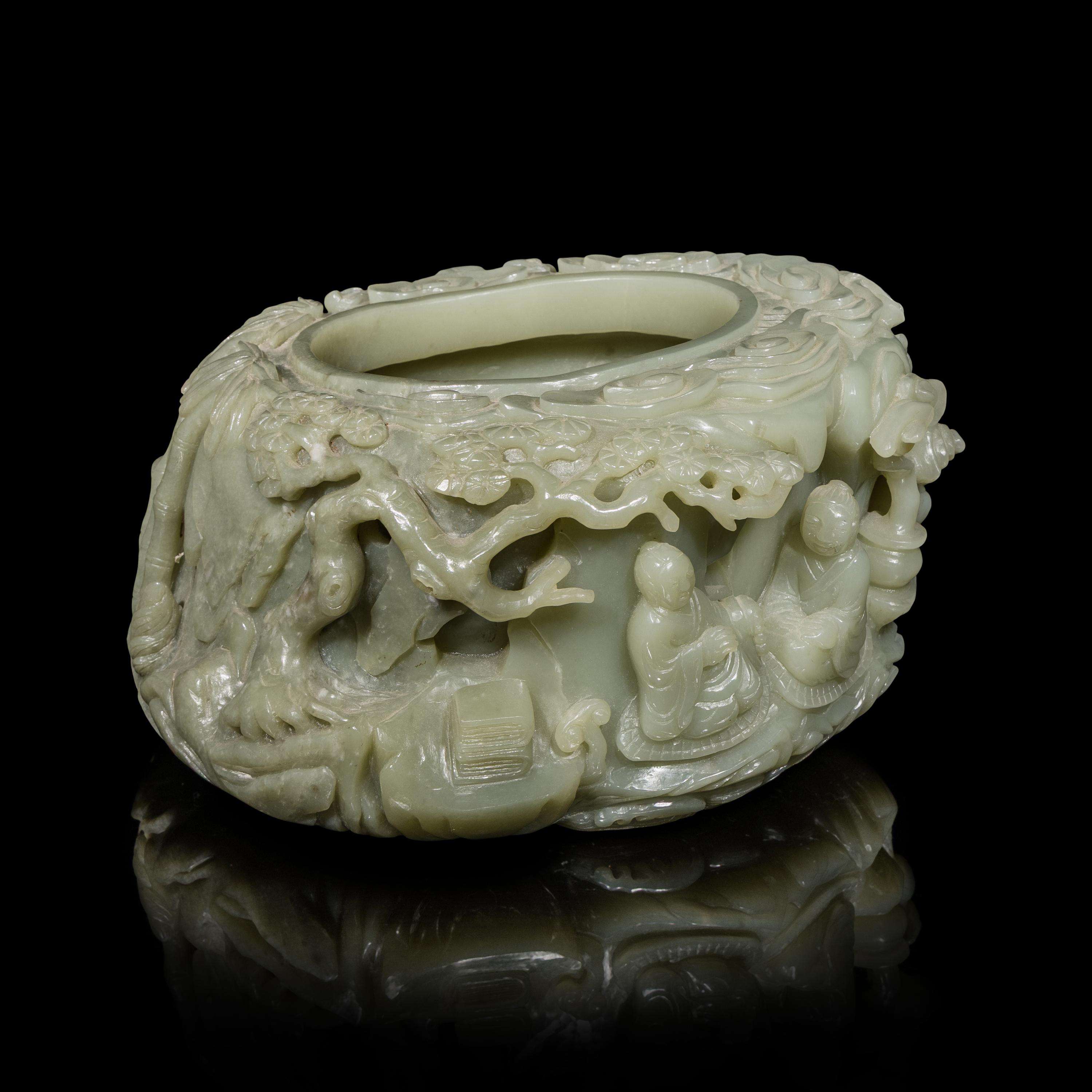 A Large Chinese Carved Celadon Jade Brush Washer, Xi — 青玉雕松下高士圖洗