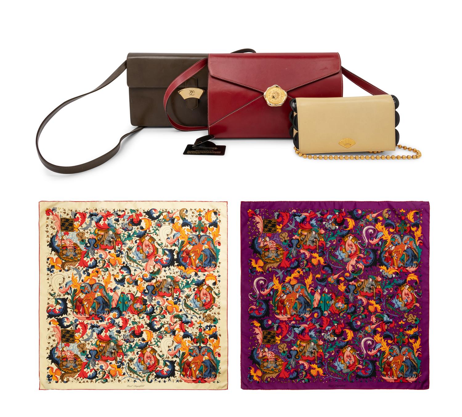 Five Karl Lagerfeld Items: Three Handbags, Two Scarves, 1980-90s