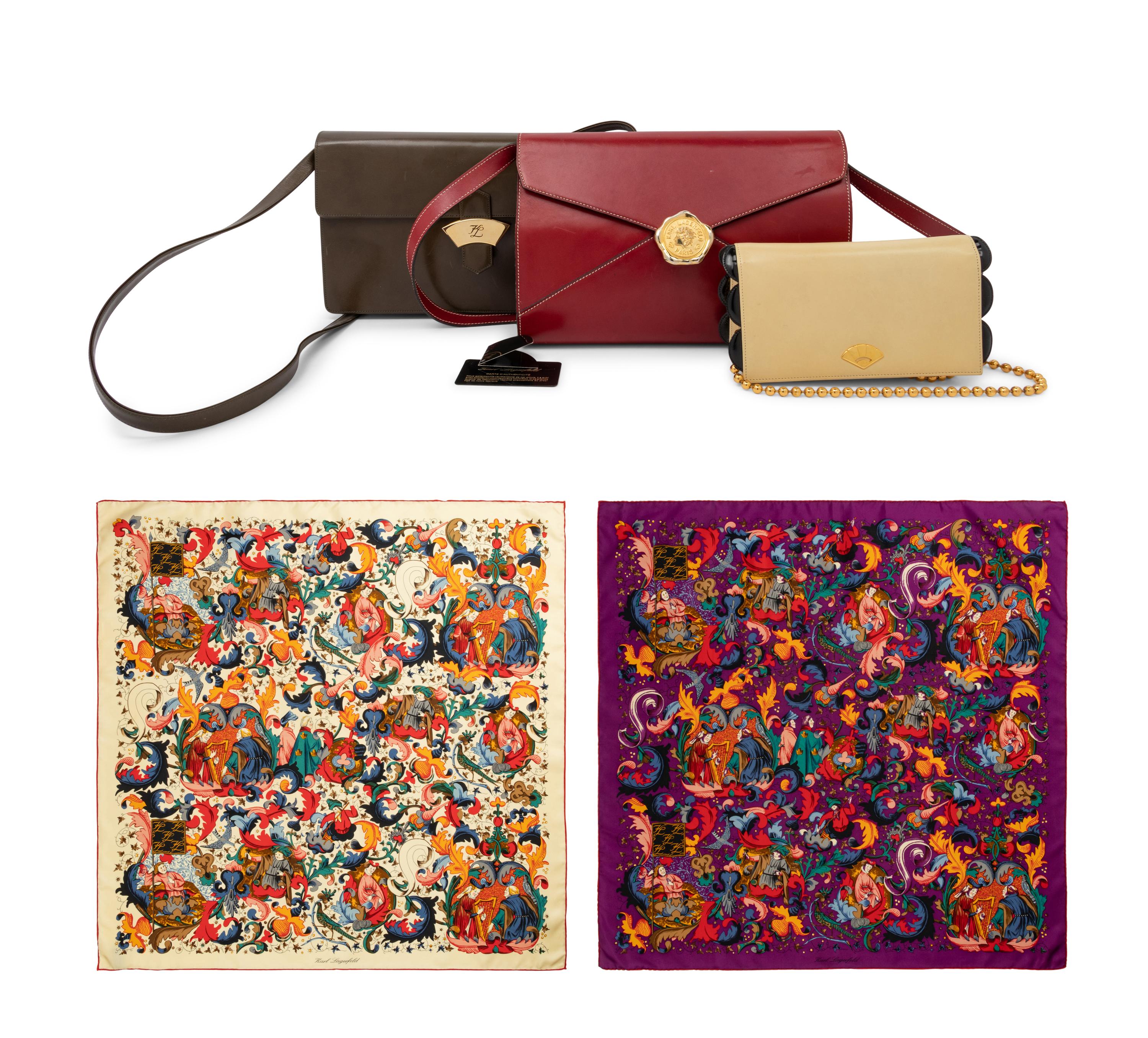 Five Karl Lagerfeld Items: Three Handbags, Two Scarves, 1980-90s