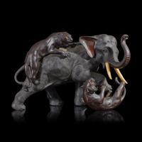 A Japanese Bronze Figural Group of Elephant and Tigers, Late Meiji to Taisho Period