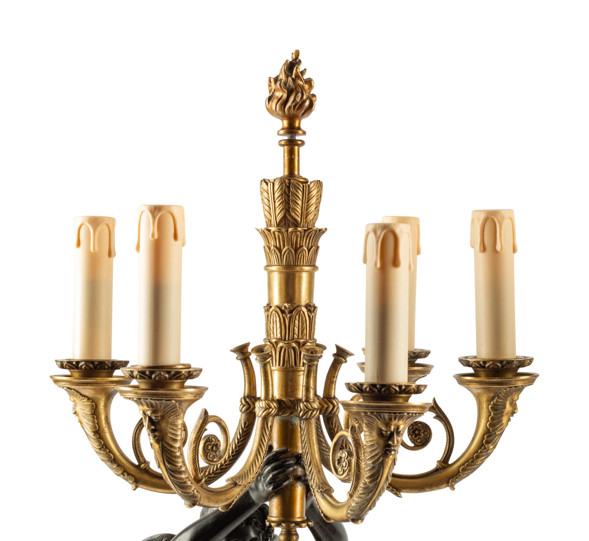 A Pair of Empire Style Gilt and Patinated Bronze and Marble Figural Candelabra
