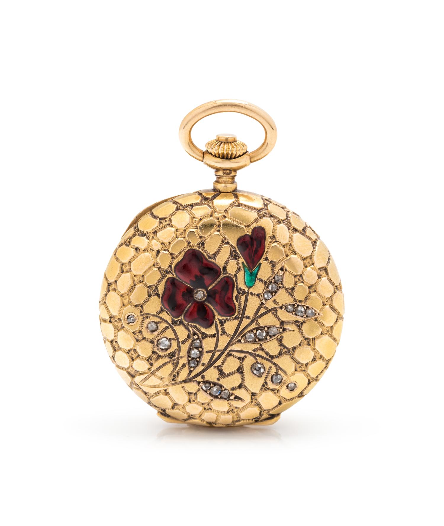 PATEK PHILIPPE, ANTIQUE, 18K YELLOW GOLD, DIAMOND AND ENAMEL HUNTER CASE POCKET WATCH, 1883