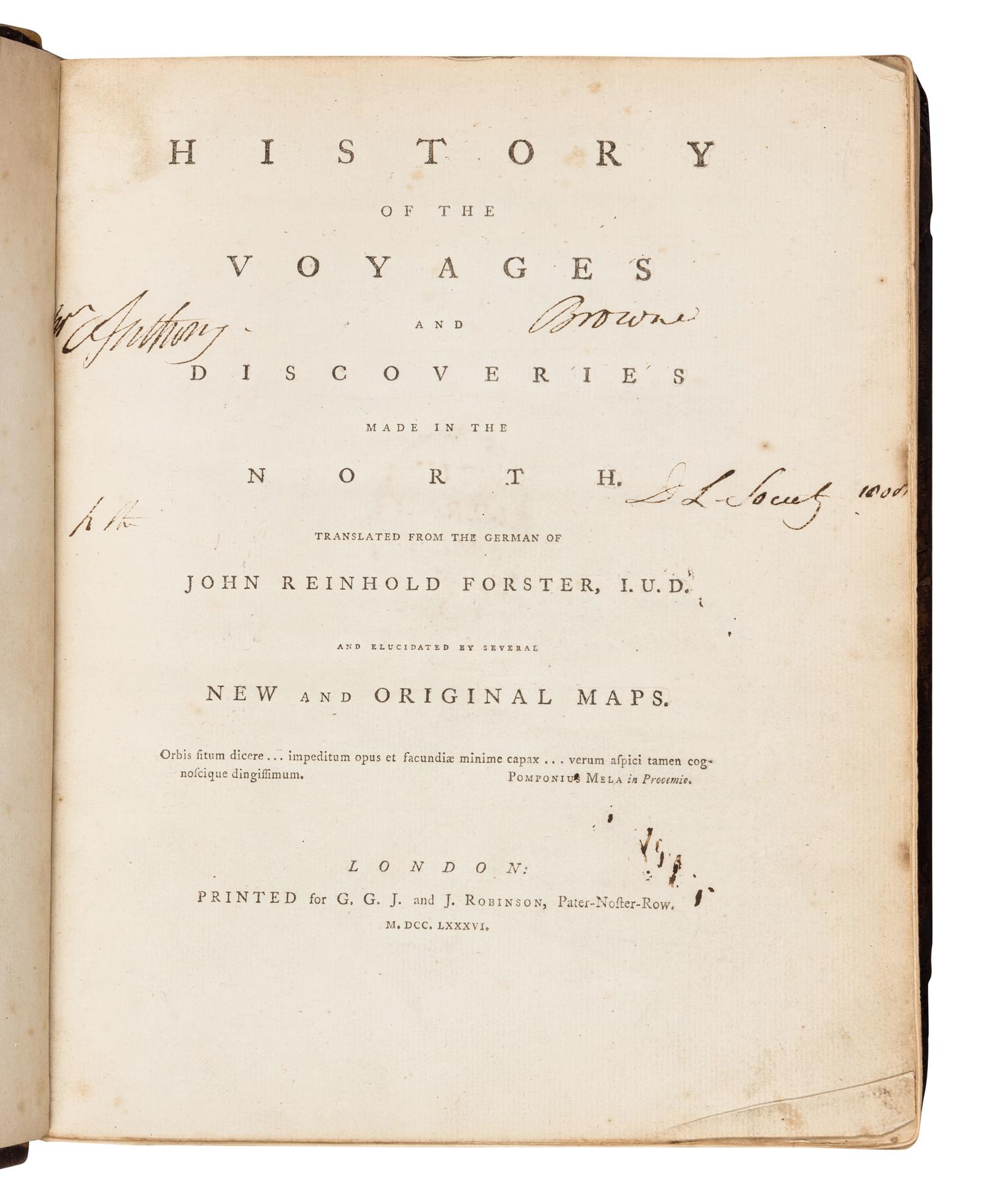 FORSTER, Johann Reinhold (1729-1798). History of the Voyages and Discoveries Made in the North . London: for G.G.J. and J. Robinson, 1786.