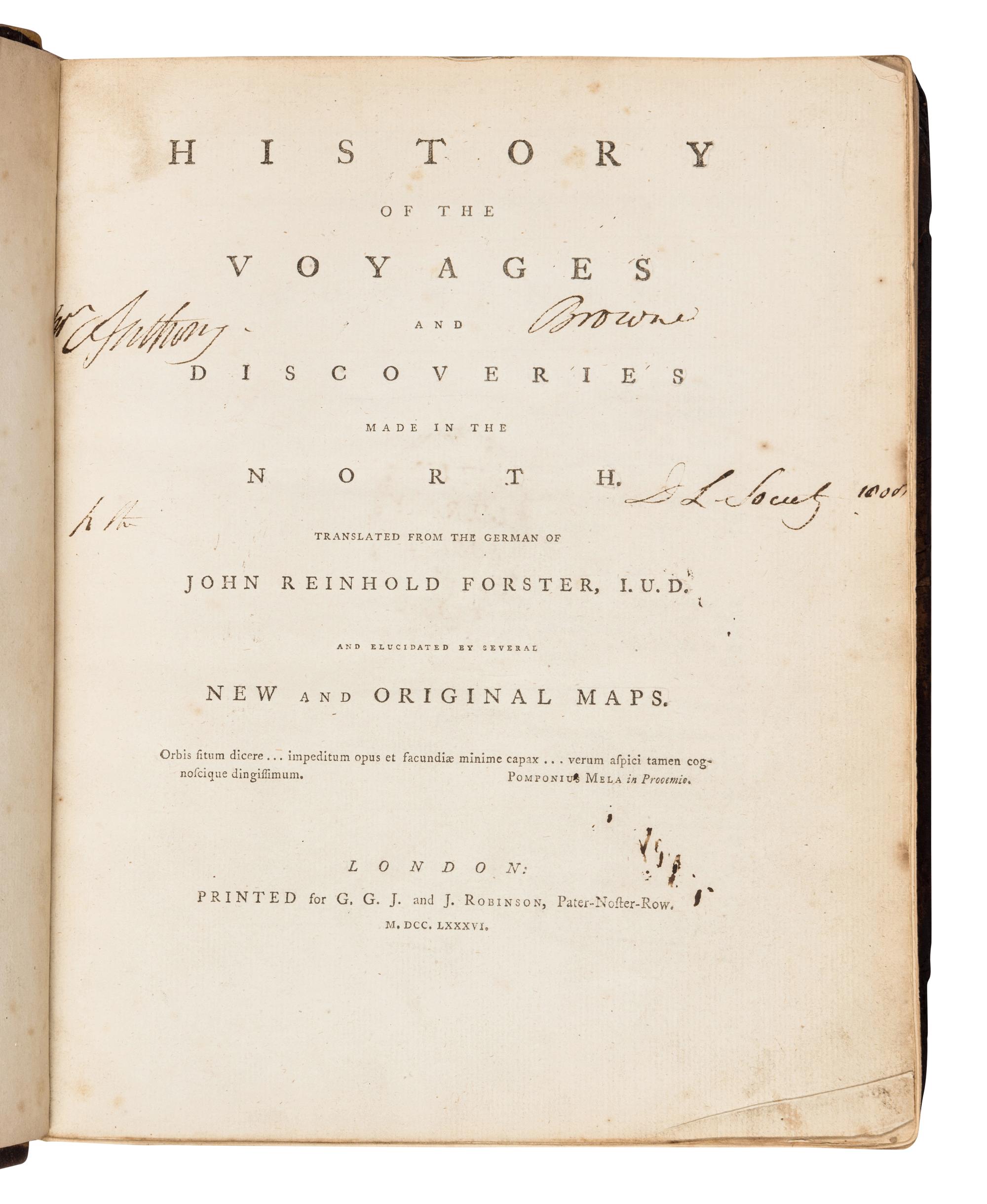 FORSTER, Johann Reinhold (1729-1798). History of the Voyages and Discoveries Made in the North . London: for G.G.J. and J. Robinson, 1786.