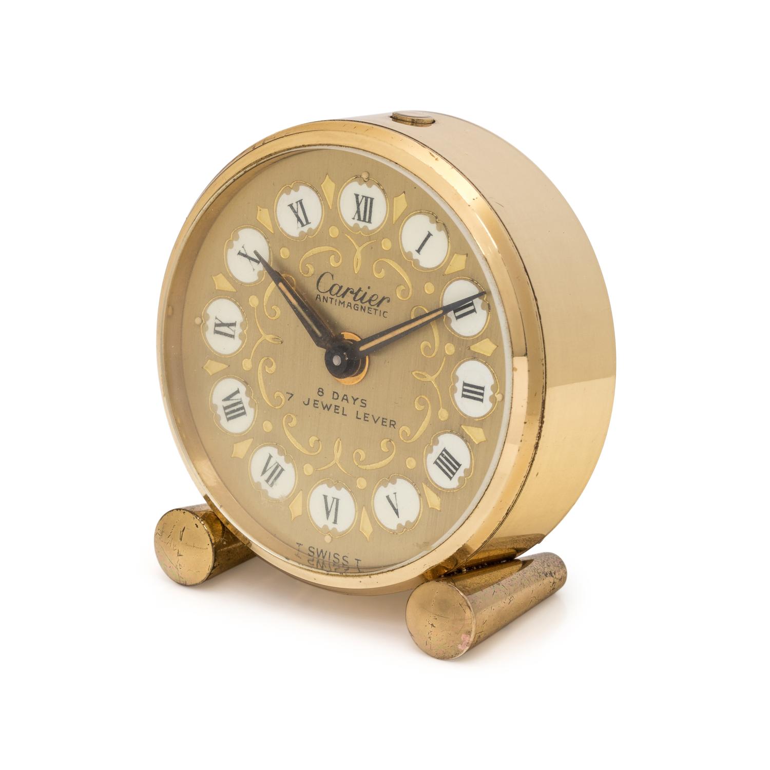 CARTIER, GILT-METAL TRAVEL ALARM CLOCK