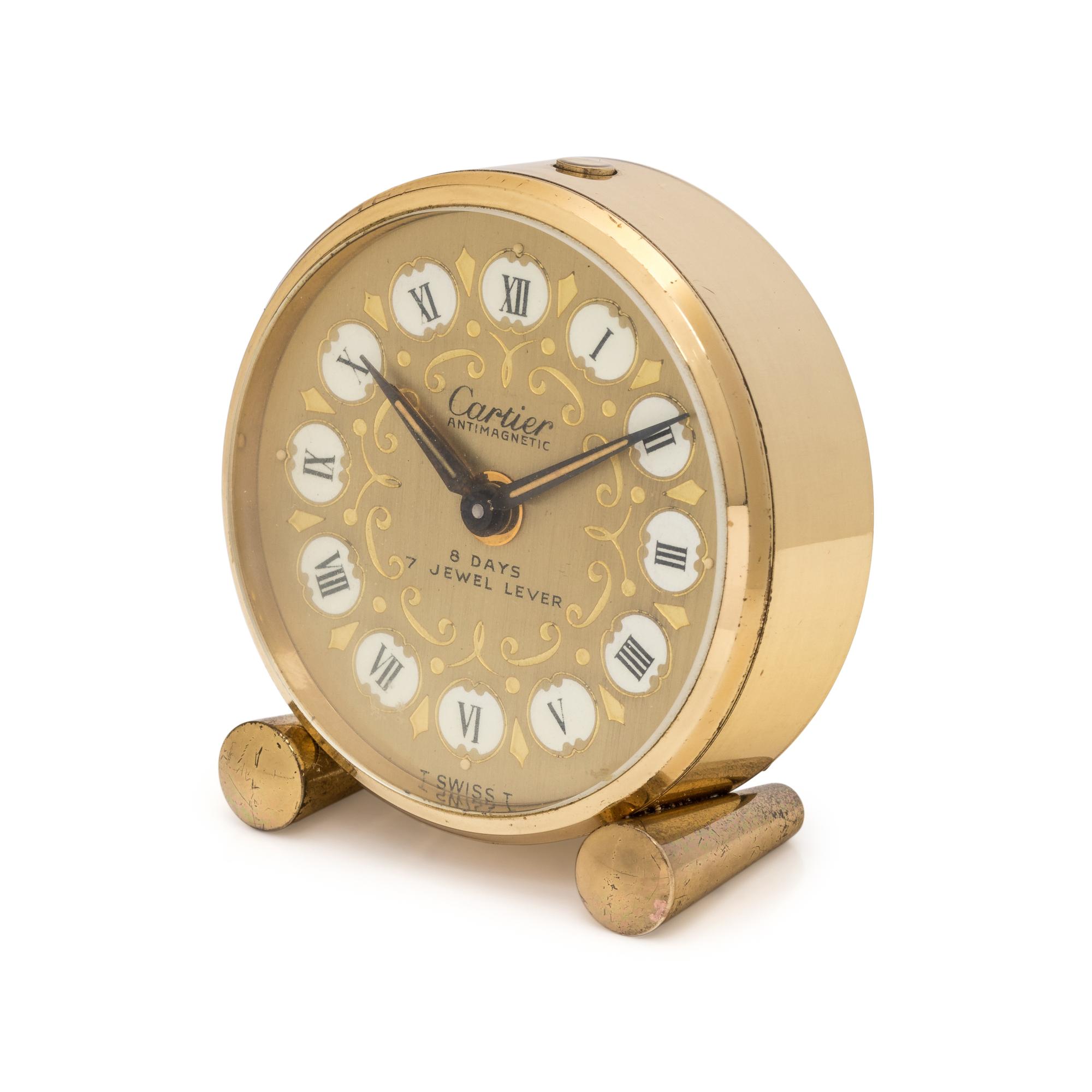 CARTIER, GILT-METAL TRAVEL ALARM CLOCK