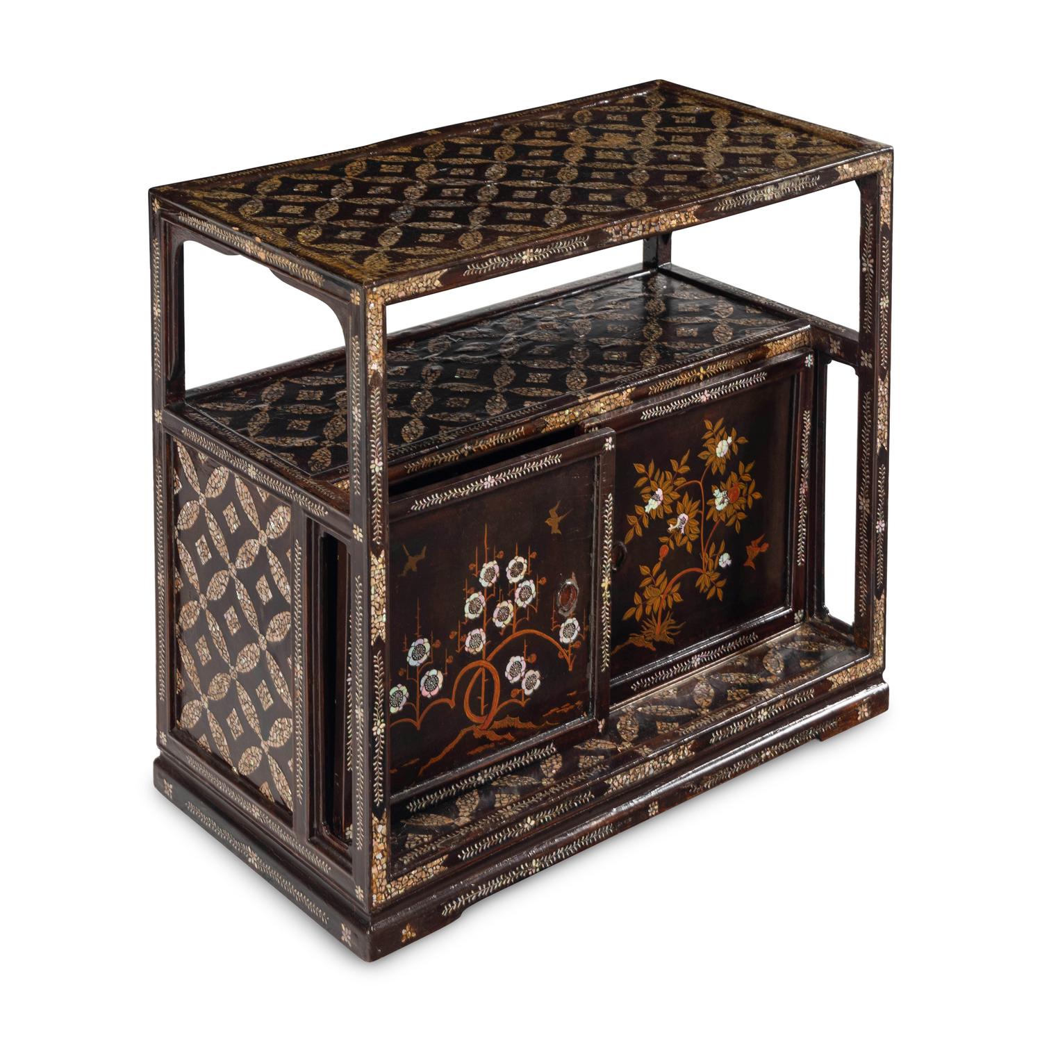 A Japanese Lacquered and Mother-of-Pearl-Inset Tea Ceremony Shelf, 19th Century — 十九世紀 日本黑漆彩繪嵌螺鈿茶道具博古架